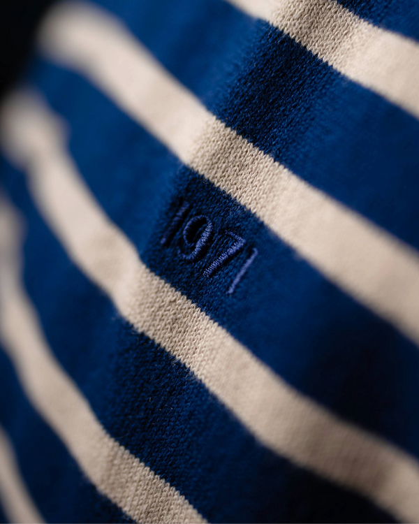 Pull Teddy rayé bleu blanc manches longues - détail texture tricot - artisanat italien 1971