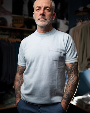 Polo Orlando bleu clair années 60 - vue de face - coton bio italien premium 1971