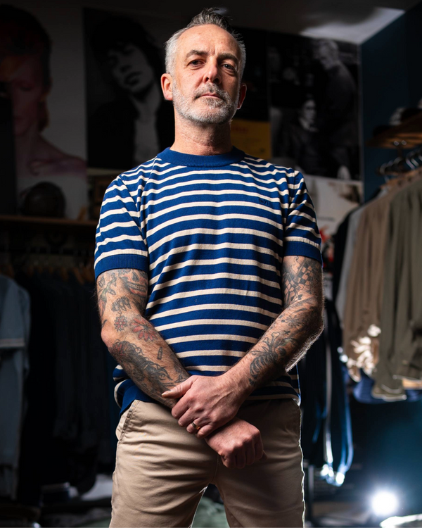 Pull Teddy rayé bleu blanc années 50 - vue de face - tricot italien premium 1971