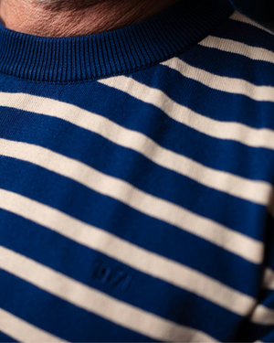 Pull Teddy rayé bleu blanc homme - vue de dos - style rétro 50s 1971