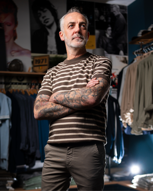 Pull Teddy rayé marron écru années 50 - vue de face - tricot italien premium 1971