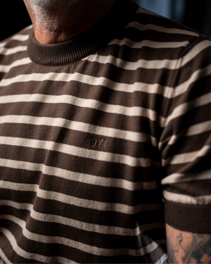 Pull Teddy rayé marron écru col rond - détail rayures vintage - maille italienne 1971