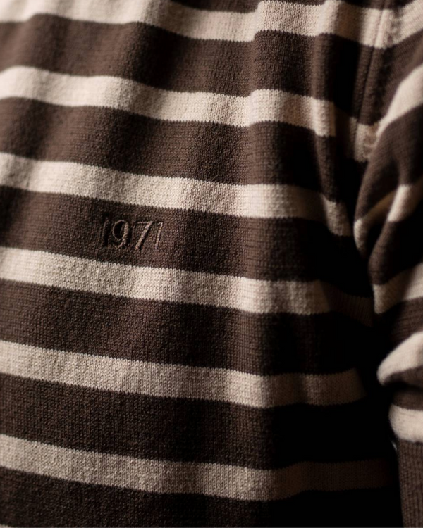 Pull Teddy rayé marron écru homme - style rétro 50s - artisanat italien 1971